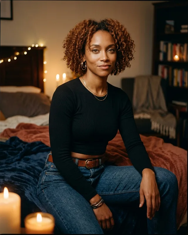 Adaeze, a fictional AI companion with loose copper curls hair and hazel eyes, in candlelight. AI-generated art.