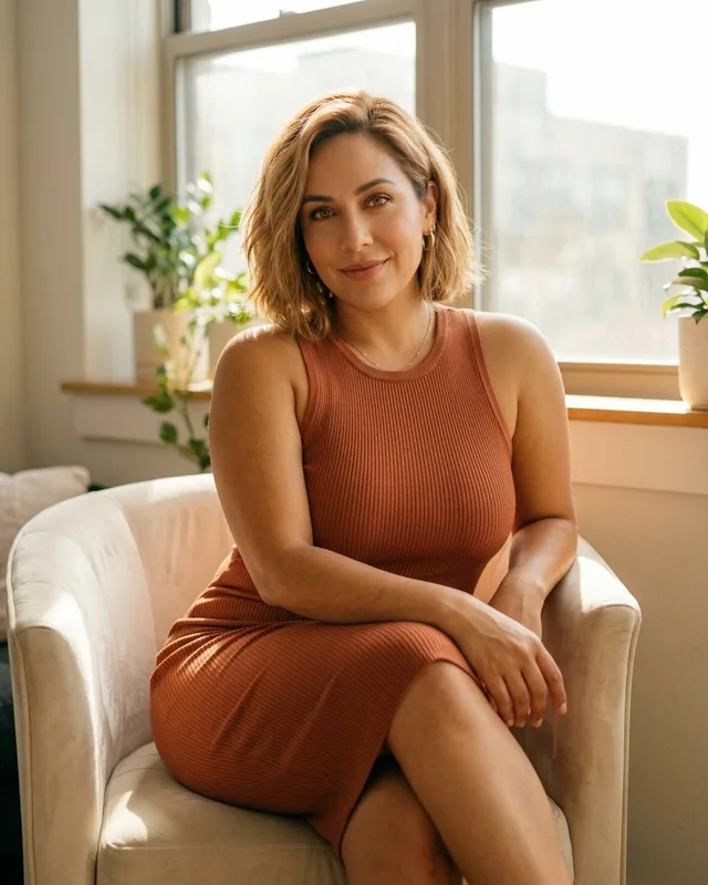 Camila, a second AI-generated portrait of the same fictional companion, caught mid-laugh.