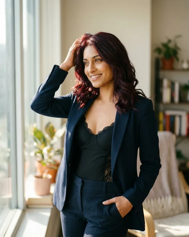 Divya, a second AI-generated portrait of the same fictional companion, seated, leaning forward.
