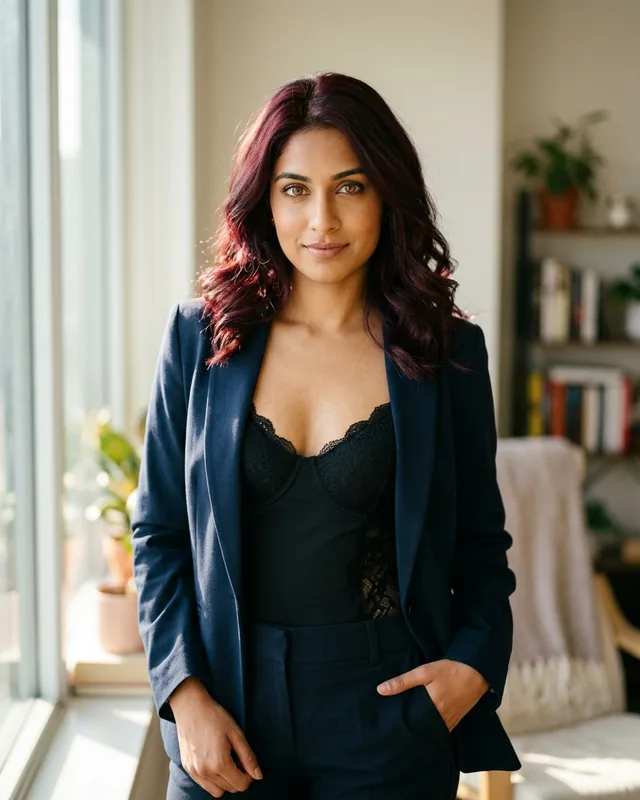 Divya, a fictional AI companion with deep burgundy waves hair and amber eyes, in bright window light. AI-generated art.