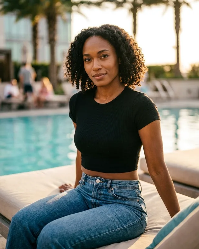 Imani, a second AI-generated portrait of the same fictional companion, looking out past the camera.