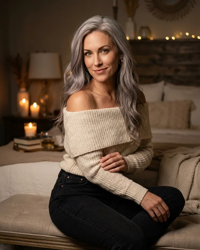 Ingrid, a fictional AI companion with long ash-silver hair and hazel eyes, in candlelight. AI-generated art.