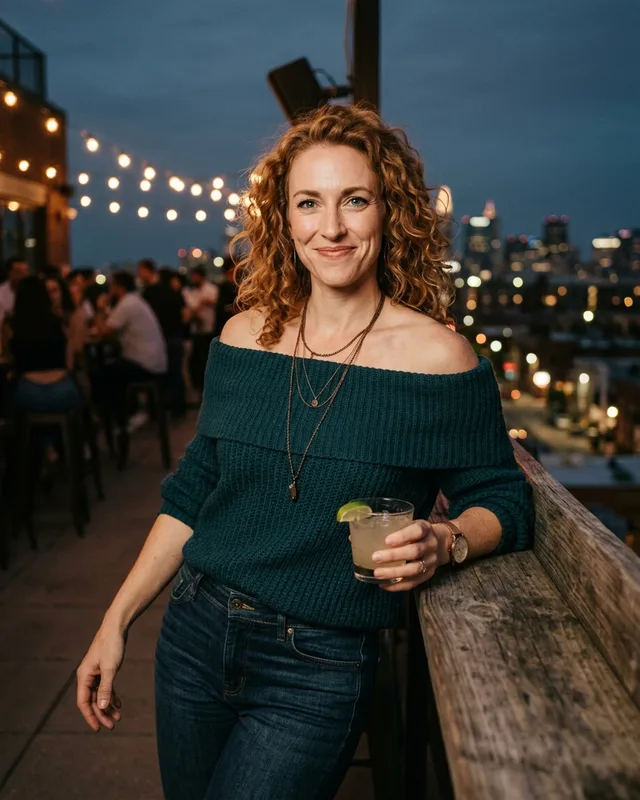 Stella, a fictional AI companion with loose copper curls hair and deep blue eyes, under rooftop lights after dark. AI-generated art.