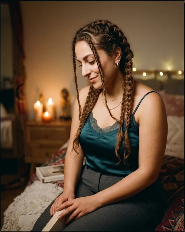 Yasmin, a second AI-generated portrait of the same fictional companion, chin resting on one hand.